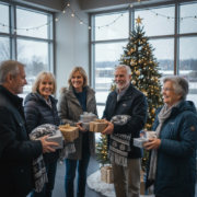 old people around a christmas tree