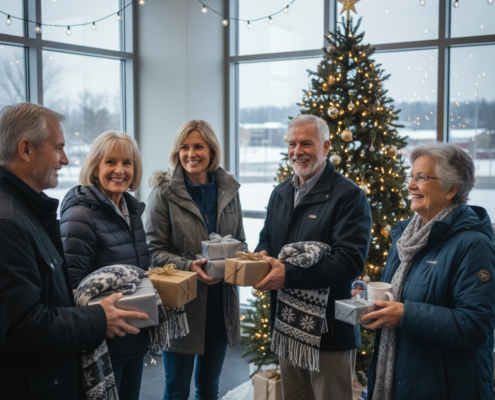 old people around a christmas tree