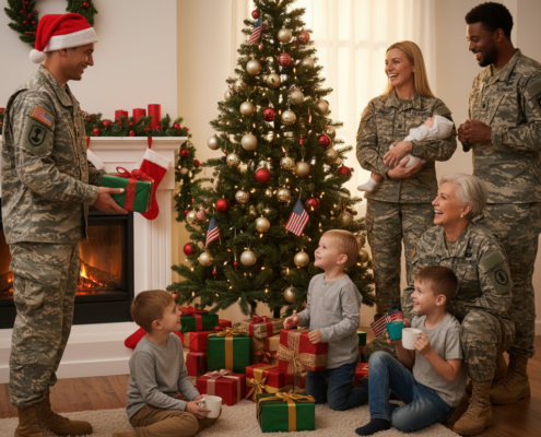 veterans around a christmas tree
