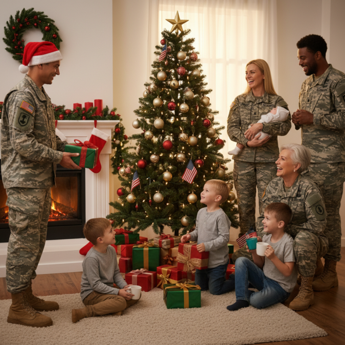 veterans around a christmas tree