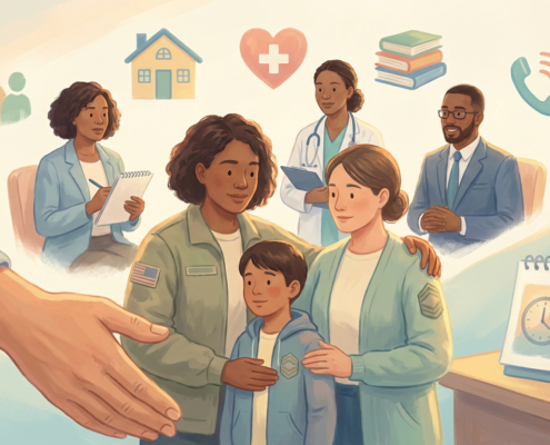 family receiving comprehensive crisis intervention services shown with support like therapists, doctors, and financial advisors.