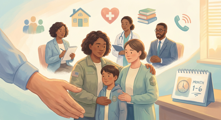 family receiving comprehensive crisis intervention services shown with support like therapists, doctors, and financial advisors.