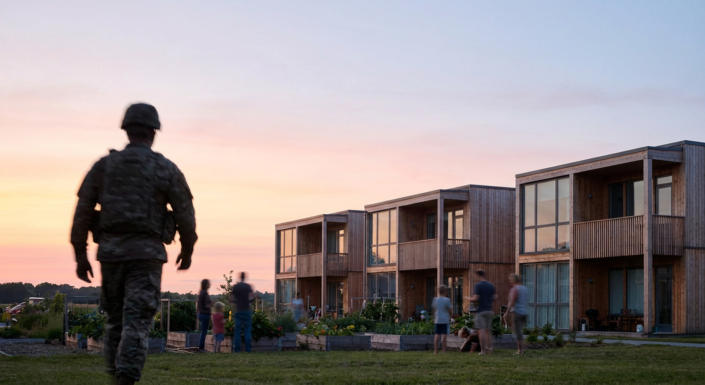 veteran in uniform facing modern housing and community garden at sunset, signifying support for unemployed veterans.
