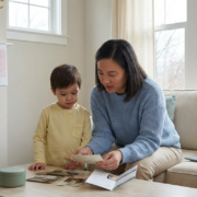mother and young son looking at old photographs, a laptop rests on the sofa, supporting deployed military families.