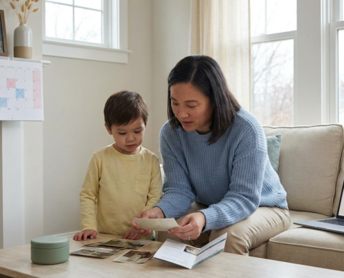 mother and young son looking at old photographs, a laptop rests on the sofa, supporting deployed military families.