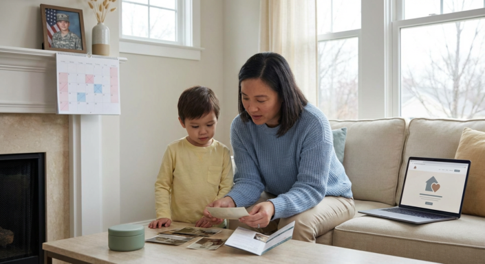 mother and young son looking at old photographs, a laptop rests on the sofa, supporting deployed military families.