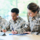 veterans in camouflage uniforms taking notes, preparing for civilian careers