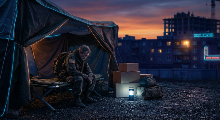 a solemn veteran in uniform sits by a tent at dusk, highlighting the veteran housing crisis.