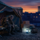 a solemn veteran in uniform sits by a tent at dusk, highlighting the veteran housing crisis.