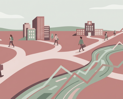 people walking diverging paths toward different workplaces, symbolizing diverse military spouse employment opportunities.