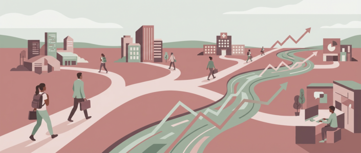 people walking diverging paths toward different workplaces, symbolizing diverse military spouse employment opportunities.