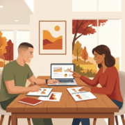 a male veteran and a woman reviewing financial planning documents on a laptop and paper at a table.