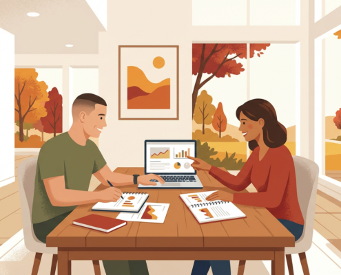 a male veteran and a woman reviewing financial planning documents on a laptop and paper at a table.