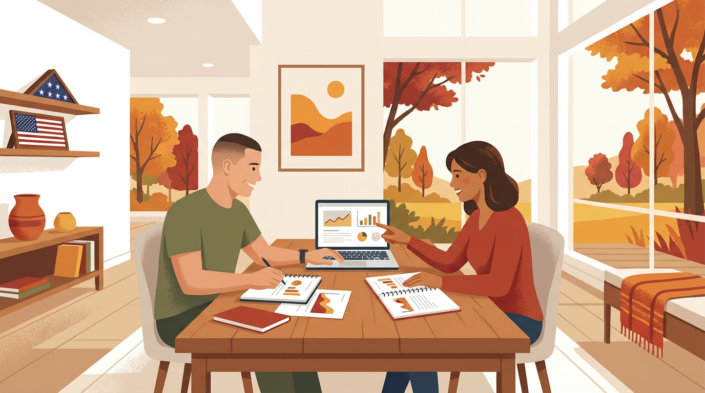 a male veteran and a woman reviewing financial planning documents on a laptop and paper at a table.