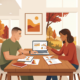 a male veteran and a woman reviewing financial planning documents on a laptop and paper at a table.