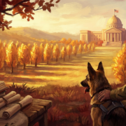 old veteran with service dog looking at capitol building, symbolizing military tax benefits and support services.