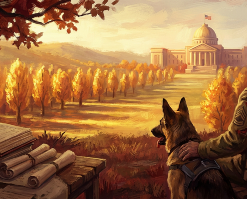 old veteran with service dog looking at capitol building, symbolizing military tax benefits and support services.