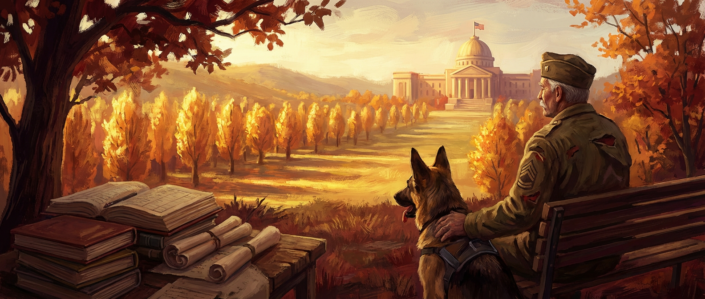 old veteran with service dog looking at capitol building, symbolizing military tax benefits and support services.