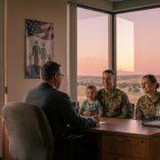 military couple and children smiling with an advisor, likely for military tax preparation.
