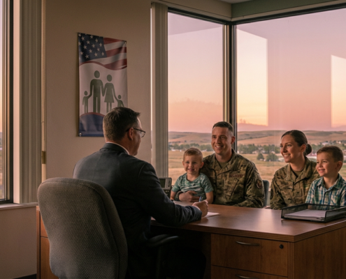 military couple and children smiling with an advisor, likely for military tax preparation.