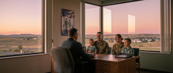 military couple and children smiling with an advisor, likely for military tax preparation.