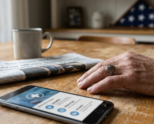 veteran's hand with ring on smartphone displaying medical app for emergency dental care veterans.