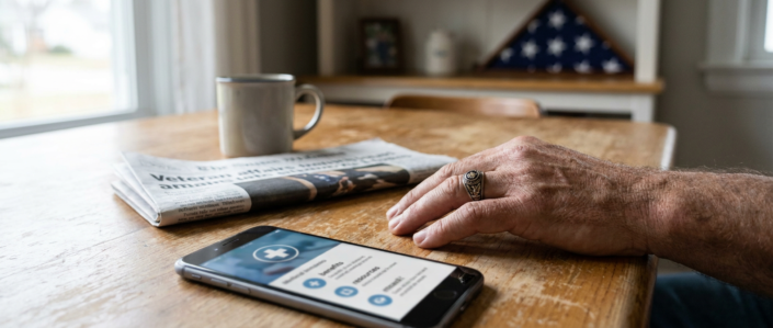 veteran's hand with ring on smartphone displaying medical app for emergency dental care veterans.