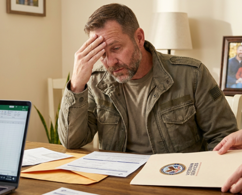 stressed veteran looking at veteran financial assistance forms with a laptop showing spreadsheets.