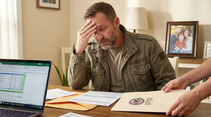 stressed veteran looking at veteran financial assistance forms with a laptop showing spreadsheets.