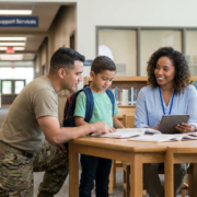 military father and boy with teachers, discussing military children education assistance.