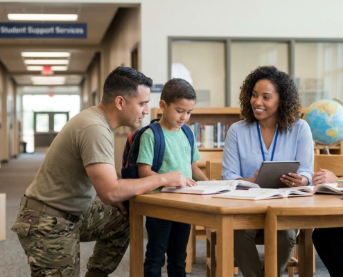 military father and boy with teachers, discussing military children education assistance.