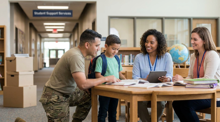 military father and boy with teachers, discussing military children education assistance.