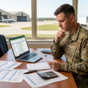 a uniformed military member reviewing documents at a desk, laptop visible with a spreadsheet, suggesting military transition planning.