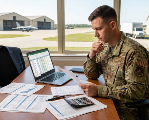 a uniformed military member reviewing documents at a desk, laptop visible with a spreadsheet, suggesting military transition planning.