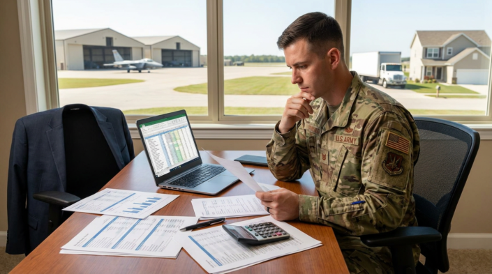 a uniformed military member reviewing documents at a desk, laptop visible with a spreadsheet, suggesting military transition planning.