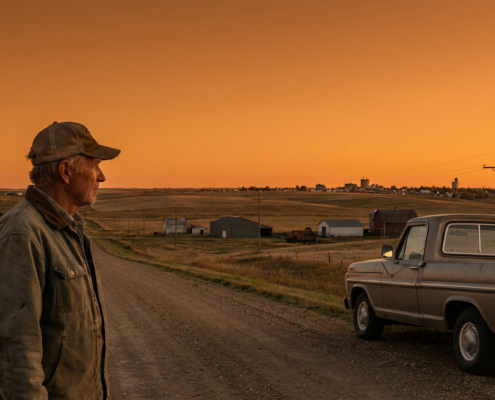 veteran in cap gazing at rural landscape with truck and distant town at sunset, highlighting rural veteran services