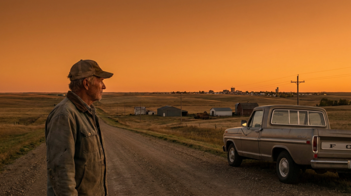 veteran in cap gazing at rural landscape with truck and distant town at sunset, highlighting rural veteran services