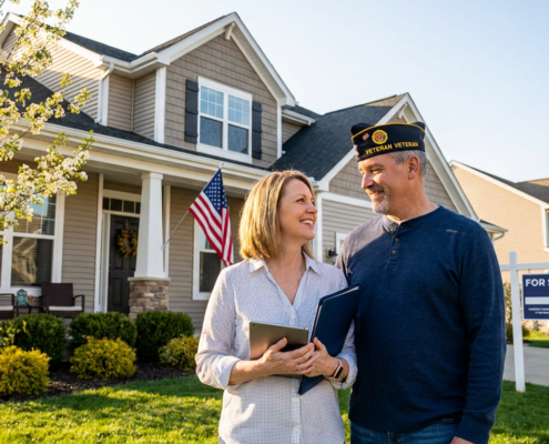 smiling couple, a veteran, and real estate agent discussing va home loans may, in front of a new house.