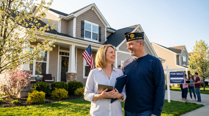 smiling couple, a veteran, and real estate agent discussing va home loans may, in front of a new house.