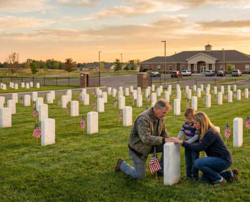 family kneels at a veteran's tombstone in a cemetery during sunset, emphasizing veteran emergency support.