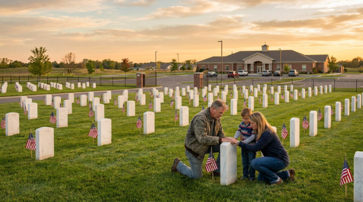 family kneels at a veteran's tombstone in a cemetery during sunset, emphasizing veteran emergency support.