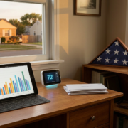 desk with tablet, thermostat, veteran's flag, and hat, symbolizing veteran utility assistance.