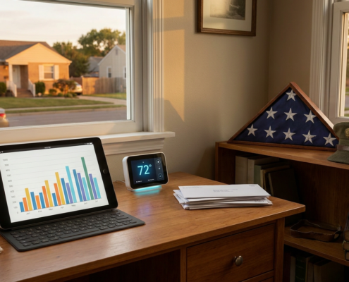 desk with tablet, thermostat, veteran's flag, and hat, symbolizing veteran utility assistance.