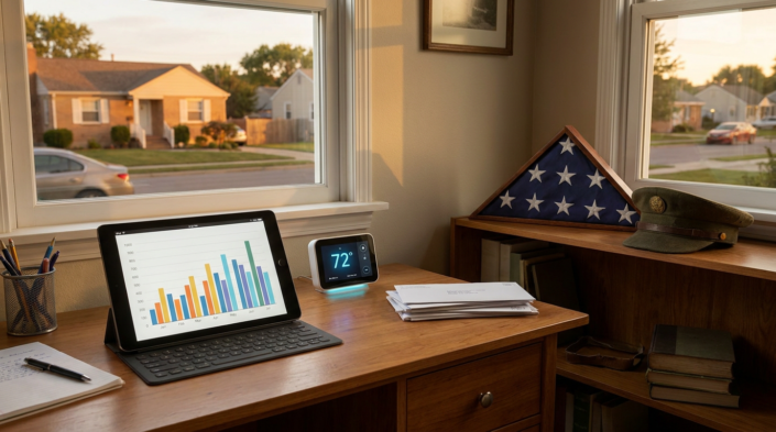 desk with tablet, thermostat, veteran's flag, and hat, symbolizing veteran utility assistance.