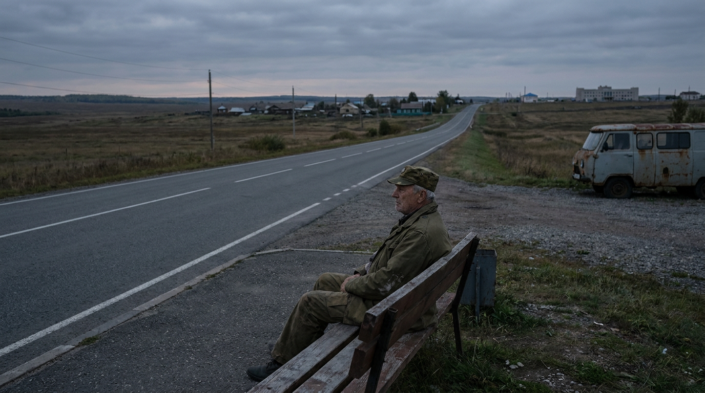 elderly veteran in fatigue uniform sitting on a bench beside a long road, highlighting veteran transportation barriers.