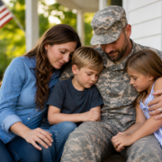 veteran in camouflage with wife and two children, illustrating emergency veteran family support.