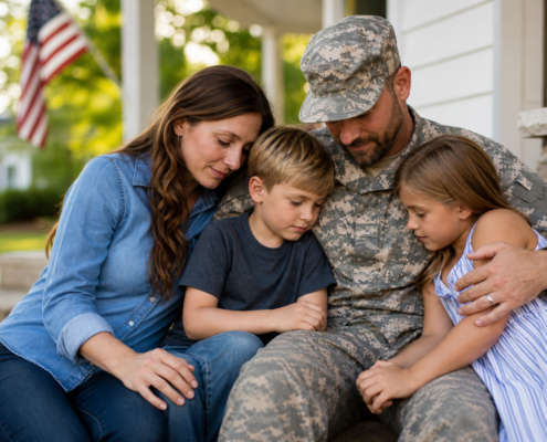 veteran in camouflage with wife and two children, illustrating emergency veteran family support.