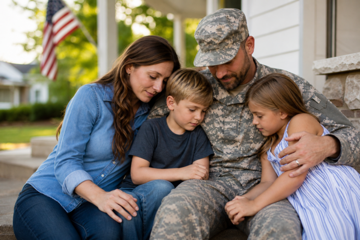 veteran in camouflage with wife and two children, illustrating emergency veteran family support.