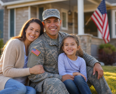 smiling military family, father in uniform, in lawn for veteran family assistance 2026.