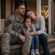 sad family of veteran and daughter sitting on porch, needing veteran housing assistance.